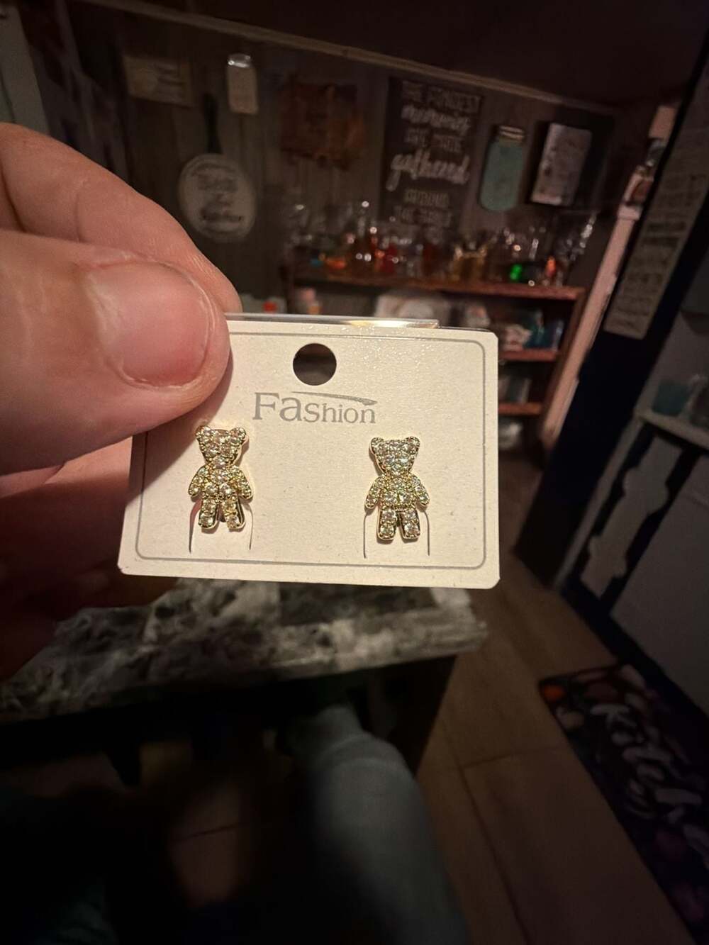 Gold Tone Rhinestone Teddy Bear Stud Earrings. Cubic zirconia stones